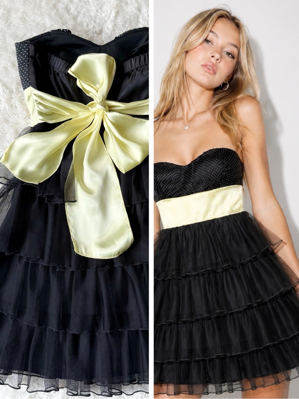 VTG Y2K 90s Ruby Rox Woman Black Polka Dot Sweetheart Bow Mesh Tier Dress S/XS